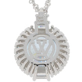 Round silver pendant featuring a VW logo design, set with a sparkling gemstone, ideal for car enthusiasts.